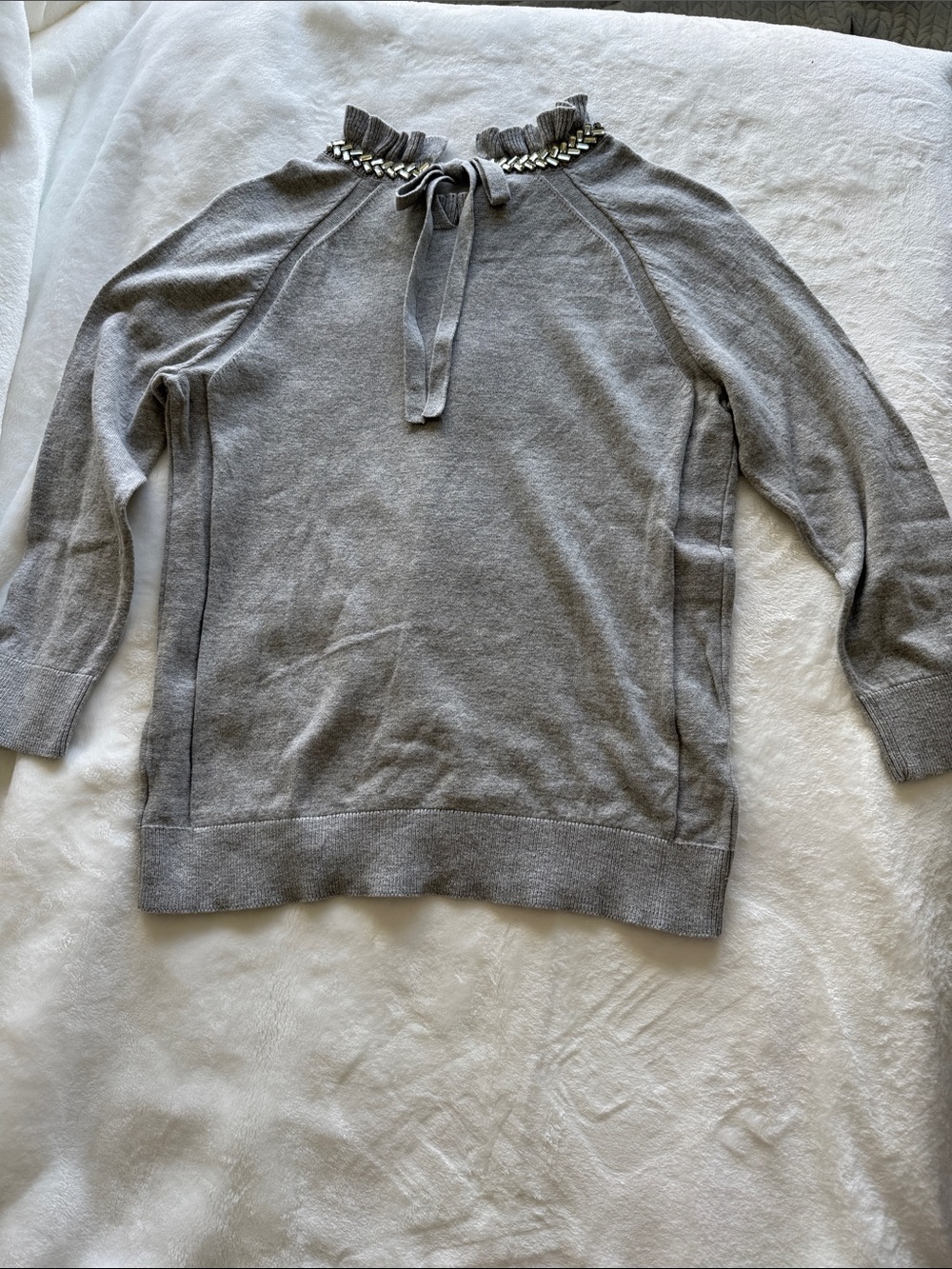 Talbots Gray Ruffle Neck Sweater with Rhinestone Accent - Picture 3 of 3